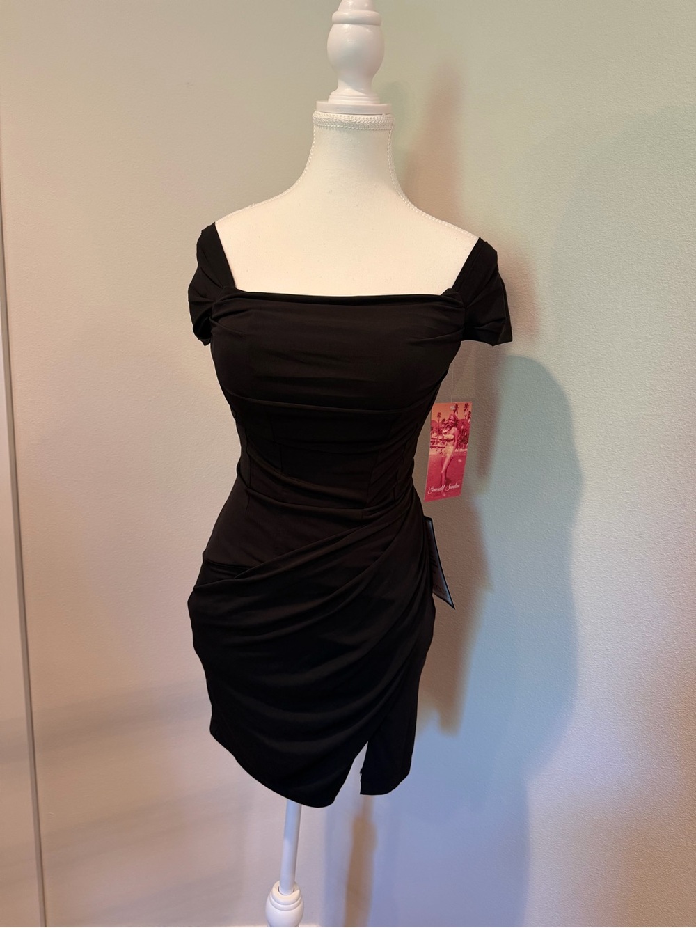 Emerald Sundae Black Off-Shoulder Ruched Mini Dress